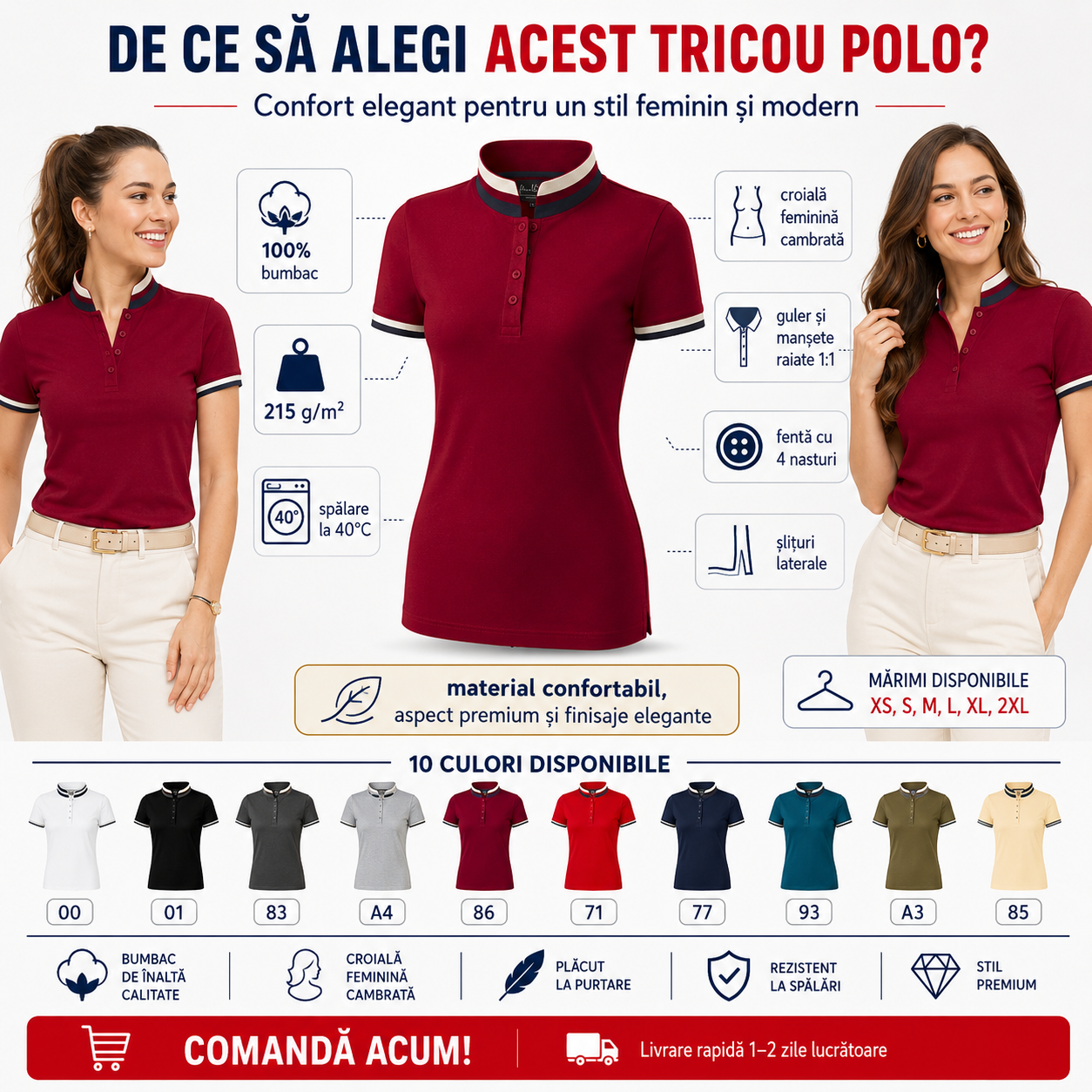 Tricou polo damă premium Malfini 257 Collar Up 100% bumbac croială cambrată 10 culori